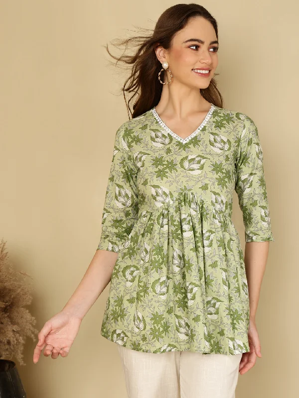 Cotton Printed V Neck Green Top Athletic Women's 