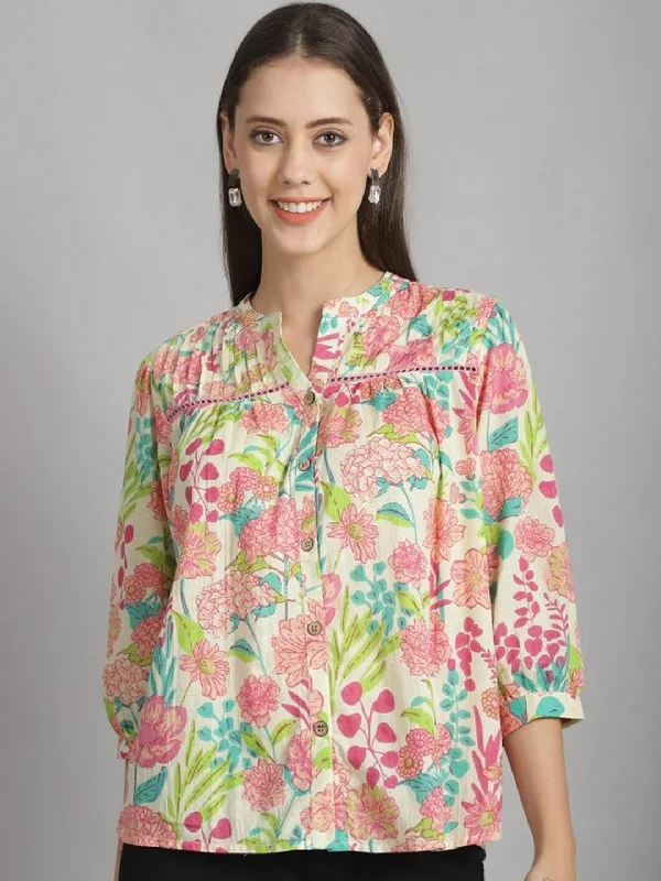 Floral Printed Mandarin Collar Cuffed Sleeves Pure Cotton Top Bold Women's Statement