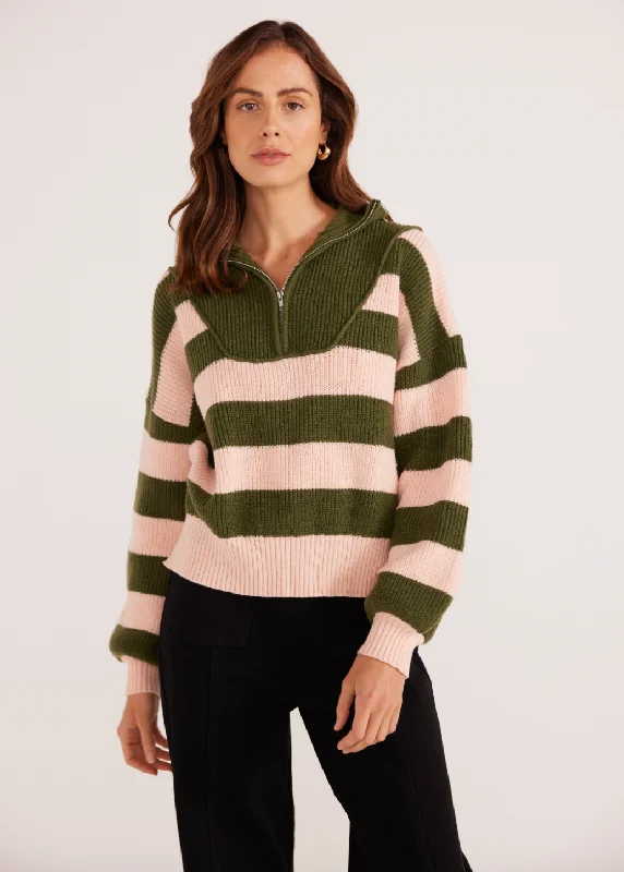 Darcy 1/4 Zip Knit Sweater - Khaki Stripe Edgy Women's Punk