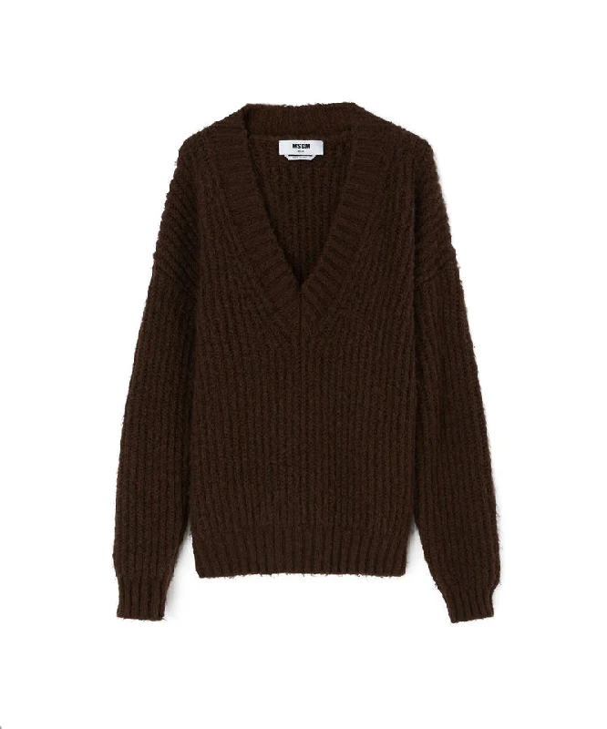Blended wool v-neck sweater "Warm Winter"  Chocolate Bohemian Women's Free
