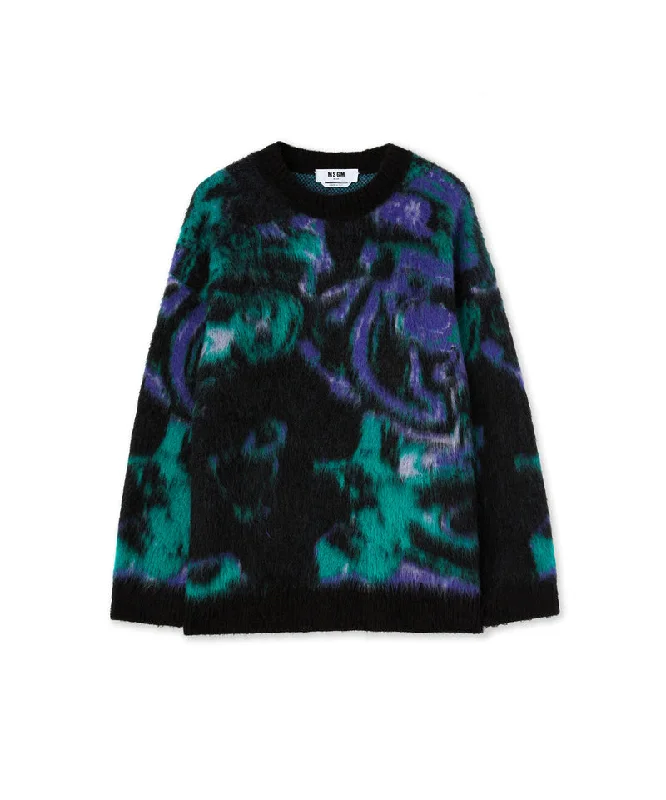 Rounded-collar sweater with "Magma" print Green Sleek Women's Metallic