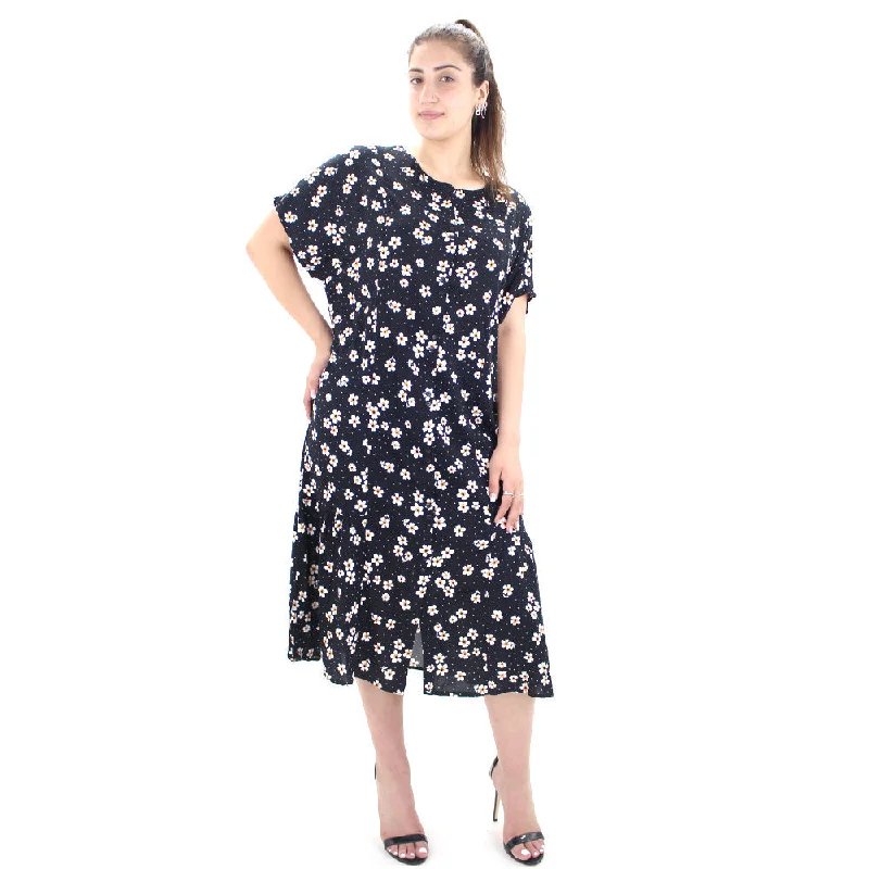 Women's Floral Oversize Shirt Midi Dress,Black Contemporary 