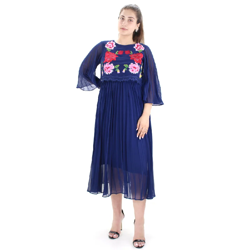 Women's Embroidered Lace Pleated Midi Dress,Navy Sharp Women's Italian