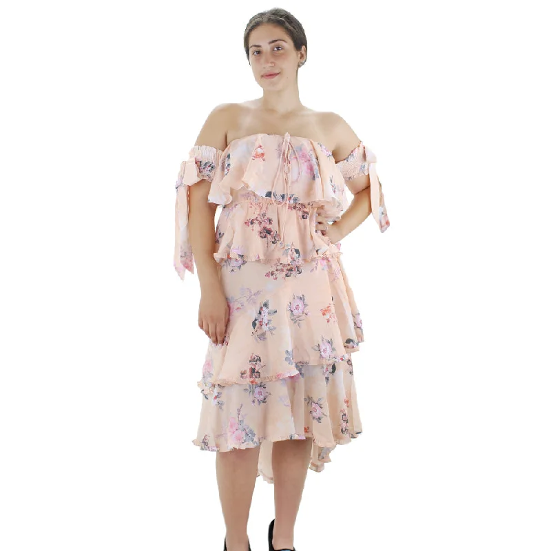 Women's Floral Chiffon Ruffle Dresss,Light Peach Business