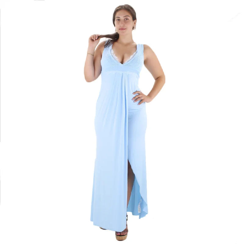 Women's Lace Trim Maxi Dress With Split,Blue Elegant Women's Formal 