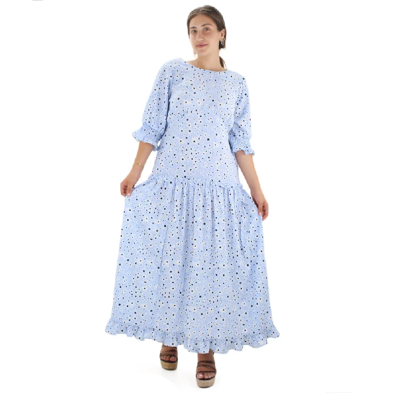 Women's Floral Ruffle Long Dress,Light Blue Modern Women's Tech
