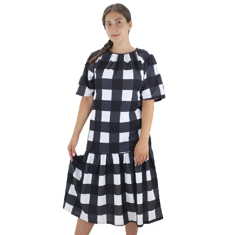 Women's Plaid Ruffle Hem Oversized Dress,White/Black Vintage Women's 1970S 