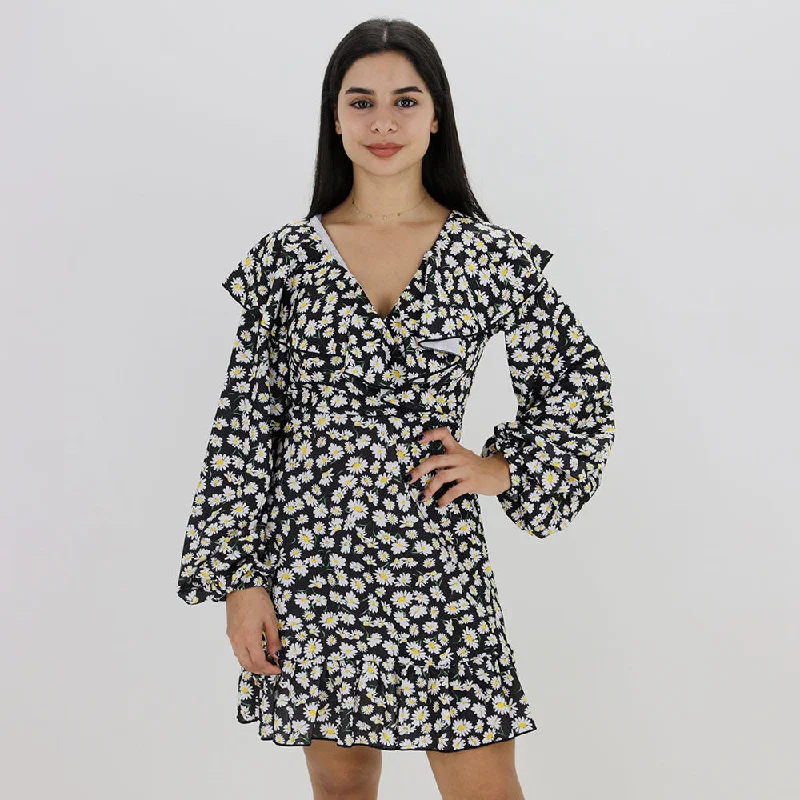 Women's Floral Printed Ruffled Dress,Black Dynamic Women's High - energy