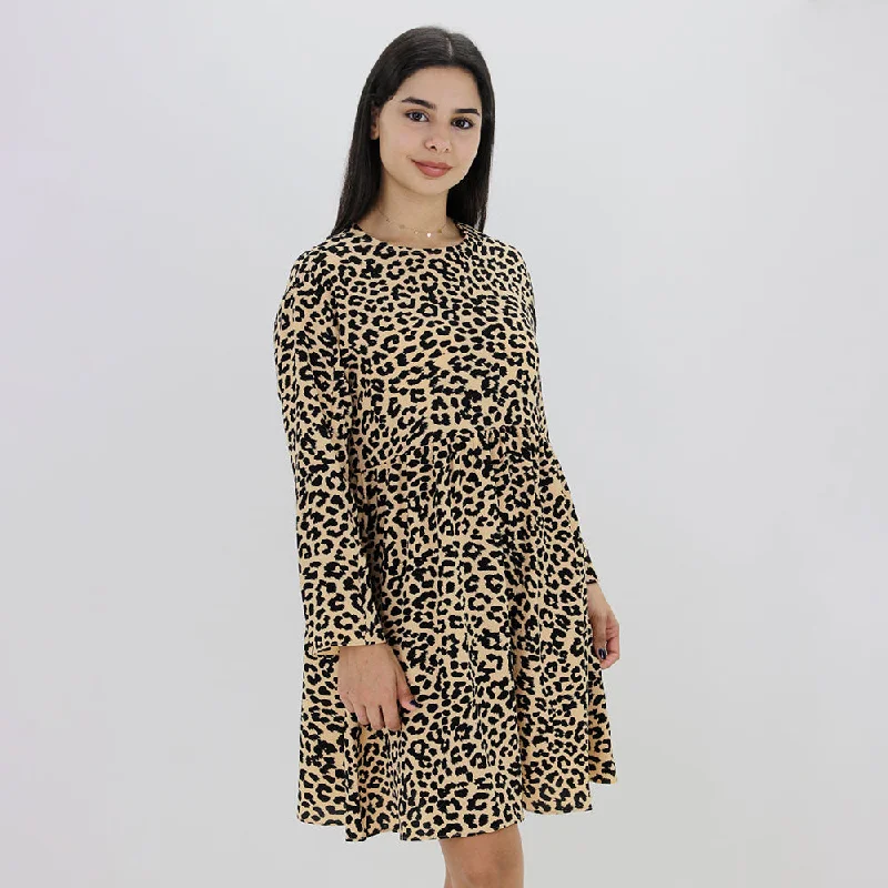 Women's Leopard Printed Regular Fit Dress,Beige Trendy Women's Oversized