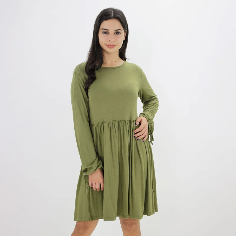 Women's Plain Flare Regular Fit Dress,Olive Earthy Women's 