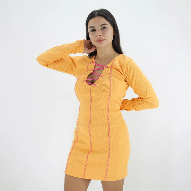 Women's Slim Fit Ribbed Dress,Orange Monochromatic All - in - one