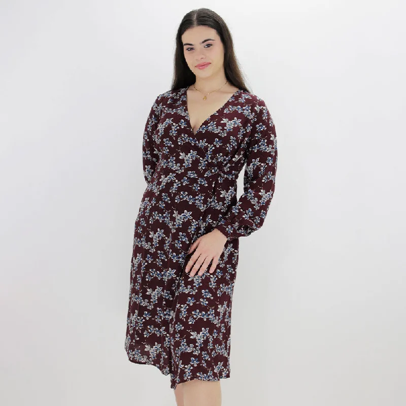 Women's Floral Printed Dress,Burgundy Monochromatic Office Style