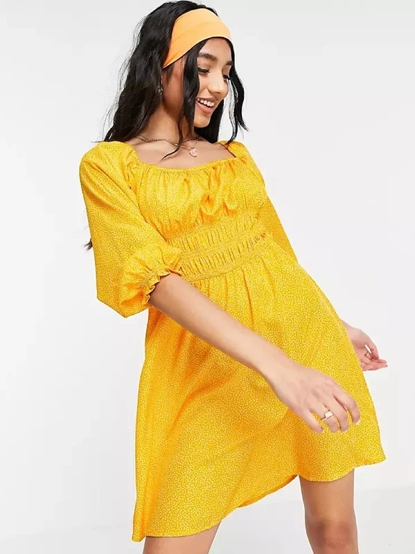Women's Shirred Bust Puff Sleeve Mini Dress,Orange Bohemian Women's Free