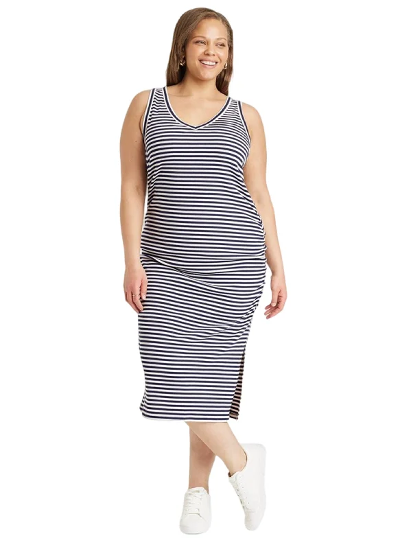 Women's Side Ruched Striped Dress,Navy/White Laid - back Women's Style