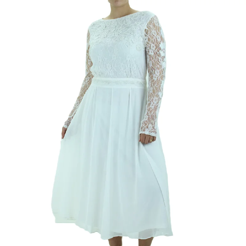 Women's Open-Back Lace Midi Dress,White Preppy Women's College