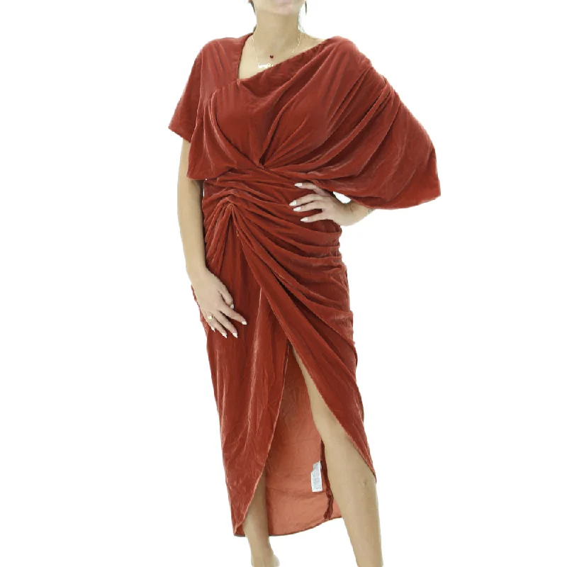 Women's Split Side Ruched Velvet Dress,Brick Dapper Women's Bow - adorned