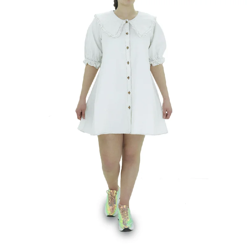 Women's Ruffle Neckline Shirt Dress,White Modern Women's Tech