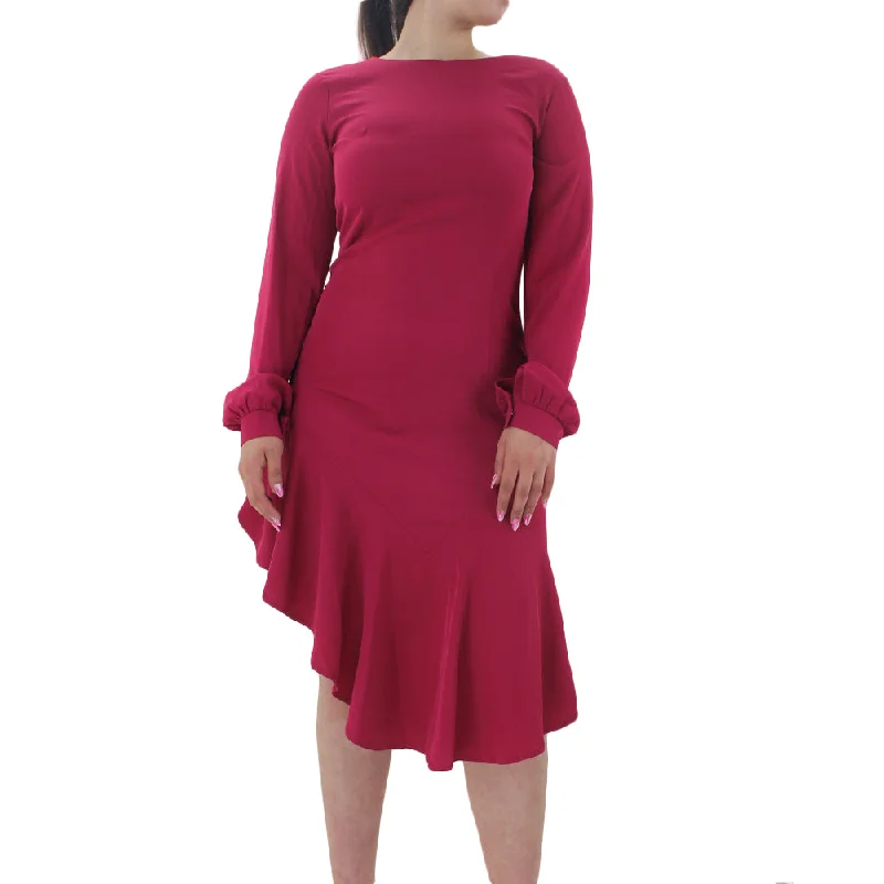 Women's Ruffled Plain Solid Dress,Fuchsia Compression