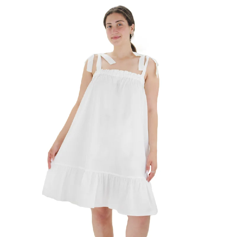 Women's Tie Strap Ruffle Dress,White Relaxed Women's Beachy