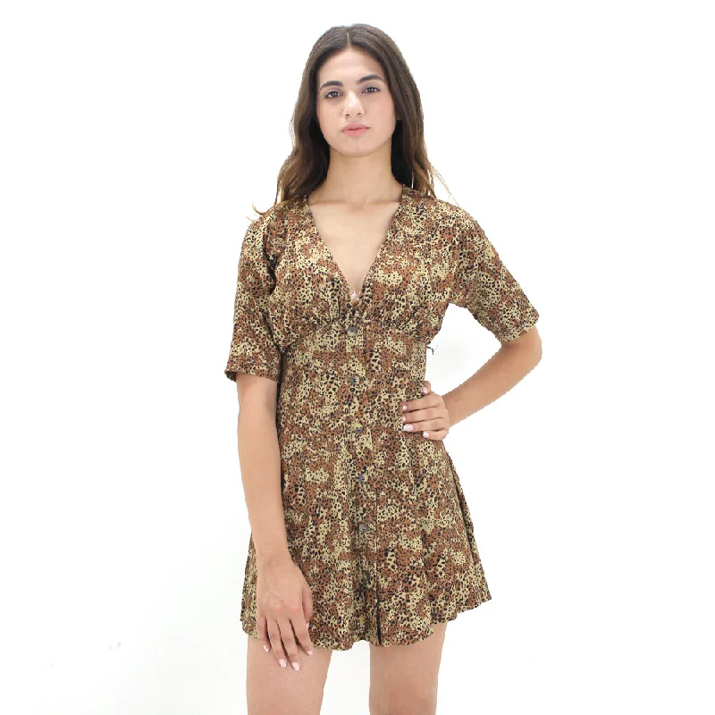 Women's Leopard Print Cotton Short Dress,Brown Artistic Women's Hand - painted