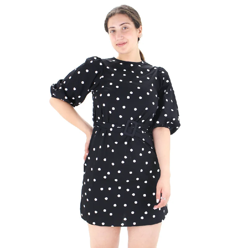 Women's Belted Polka Dots Mini Dress,Black Cool Women's Distressed