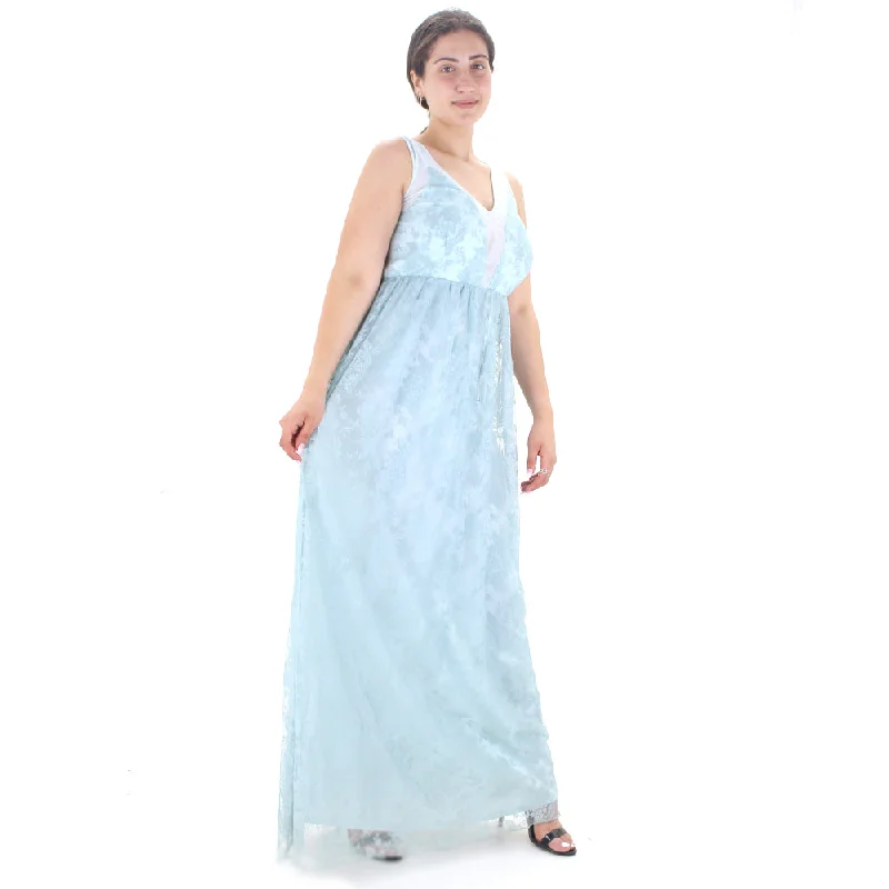Women's Lace Panel V-Neck Long Dress,Aqua Feminine Women's Soft 