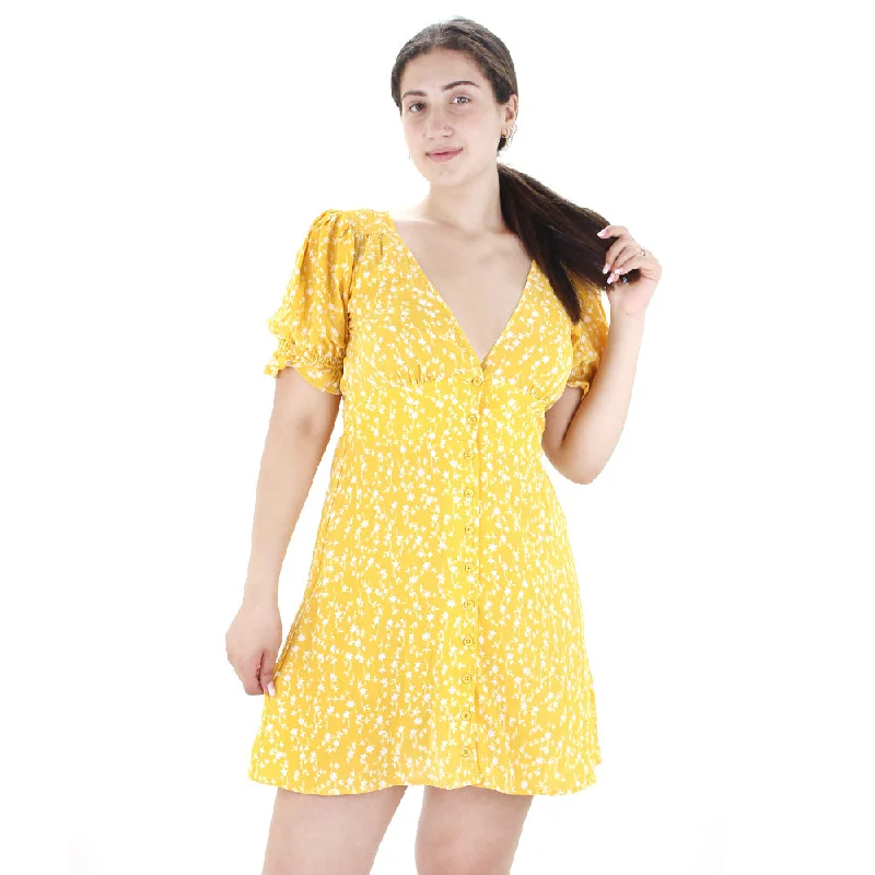 Women's V-Neck Floral Shirt Dress,Yellow Hip Women's Urban