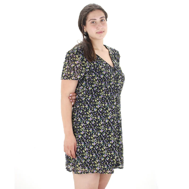 Women's Floral Shirt Short Dress,Black garde
