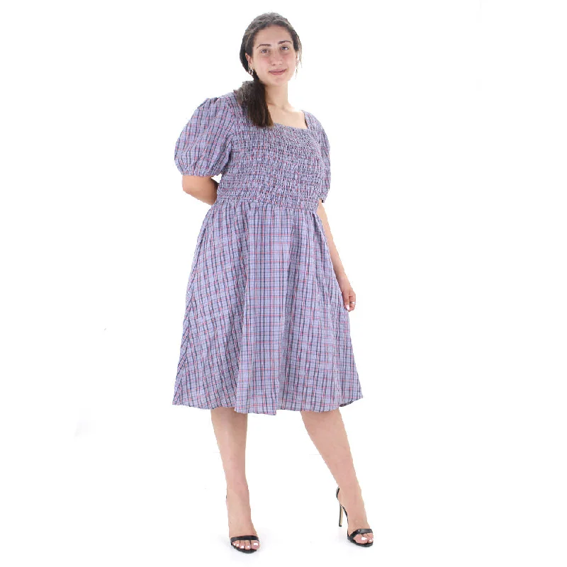 Women's Checked Puff Sleeve Dress,Grey Bold Women's Statement