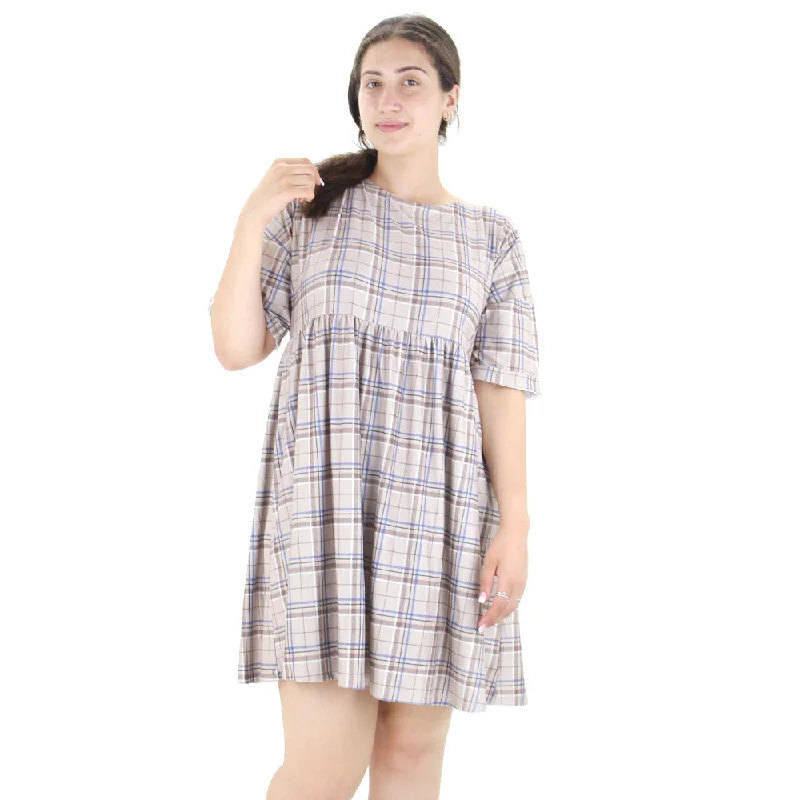 Women's Checked Short Sleeve Dress,Greige Monochromatic Office Style