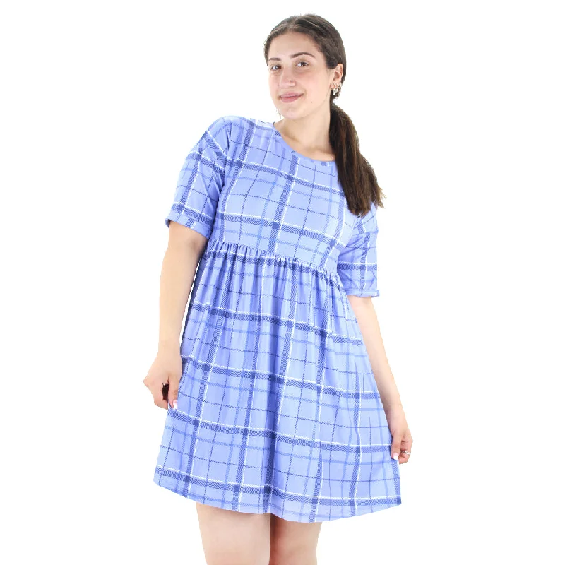 Women's Checked Short Sleeve Dress,Blue Country