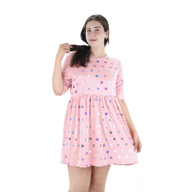 Women's Smocked Dress With Metallic Polka Dots,Pink Trendy Women's 