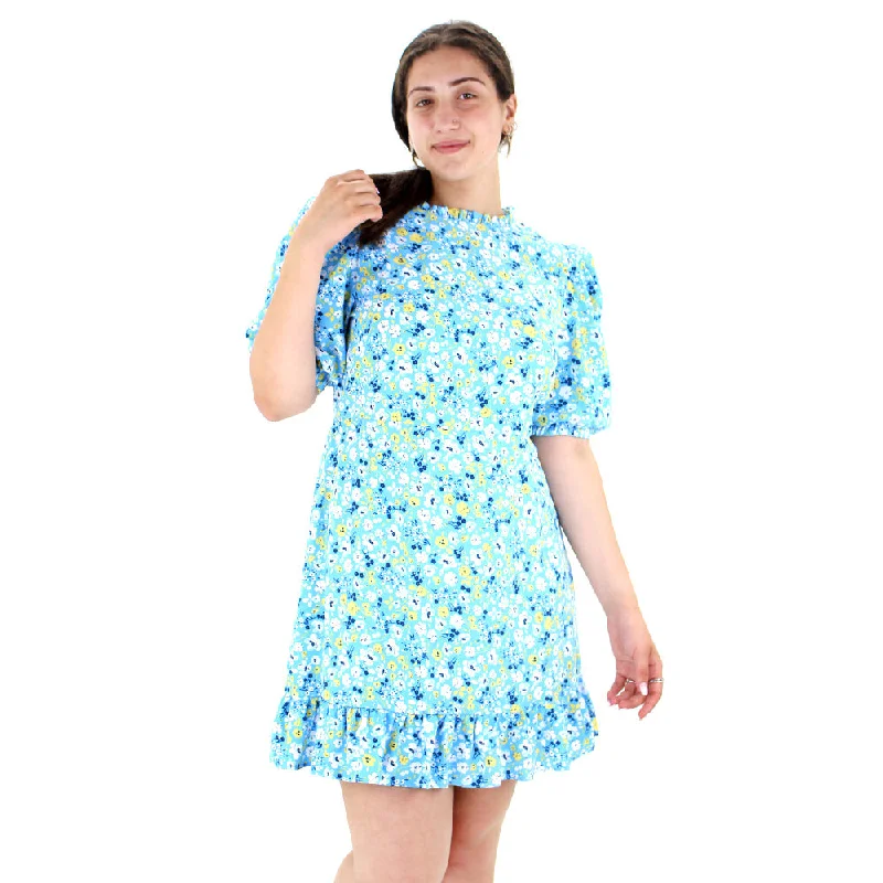 Women's Floral Ruffle Hem Short Dress,Blue Disco