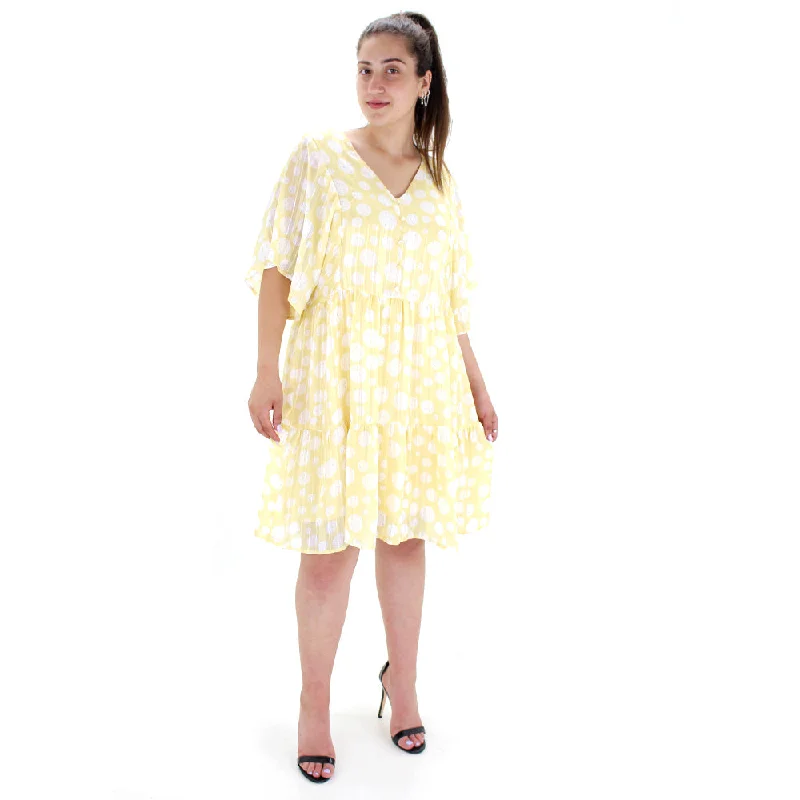 Women's V-Neck Printed Chiffon Dress,Yellow Women