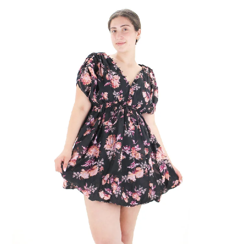 Women's Floral Button Detail Mini Dress,Black Minimalist Women's Casual
