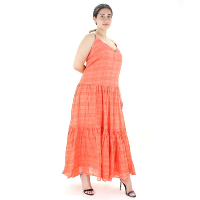 Women's Plaid Ruffle V-Neck Dress,Orange Elegant Women's 