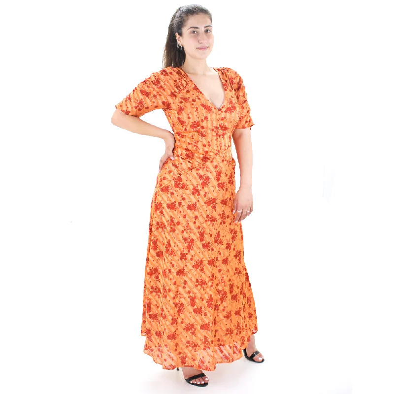 Women's Floral Print Open Back Long Dress,Orange Trendy Women's Oversized