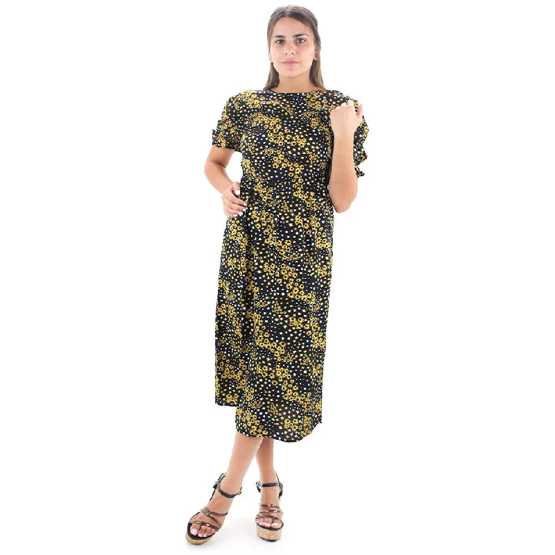 Women's Sunflower Print Midi Dress,Black Polished Women's Silk