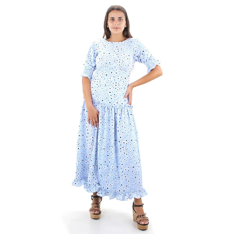 Women's Floral Ruffle Long Dress,Blue Dapper Women's 1920S