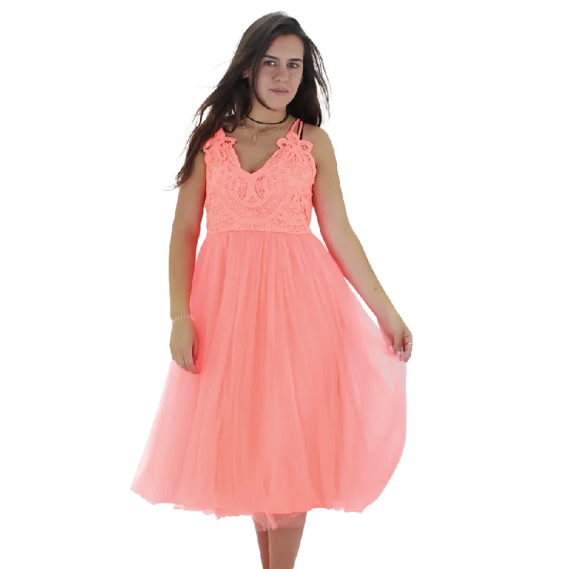 Women's Lace Top Tulle Cami Midi Dress,Neon Orange Confident Women's High - fashion
