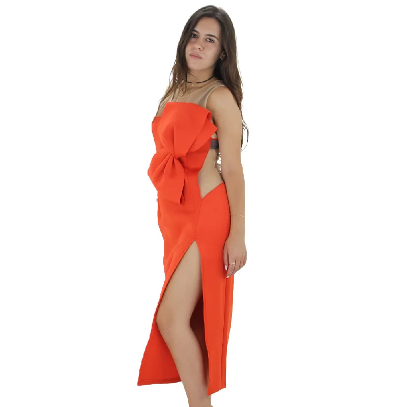 Women's Bow Front Mesh Side Midi Dress,Orange Confident Women's Power