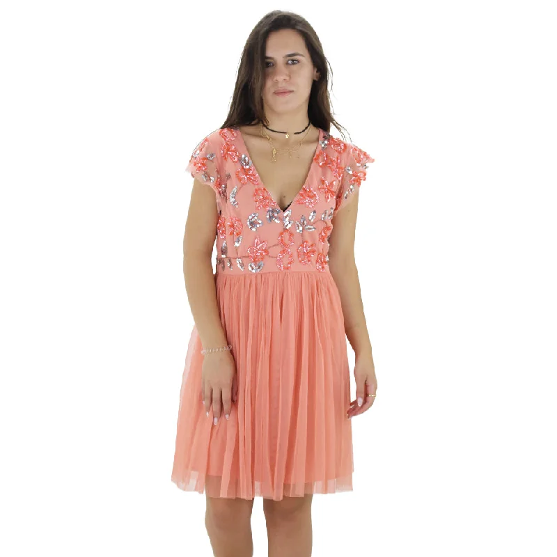 Women's Mesh Short Dress,Coral Artistic Women's Hand - painted