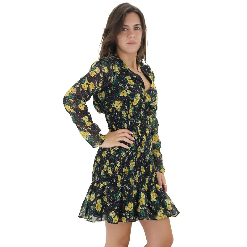 Women's Floral Smocked Chiffon Long Sleeve Dress,Black Dynamic Women's Moto