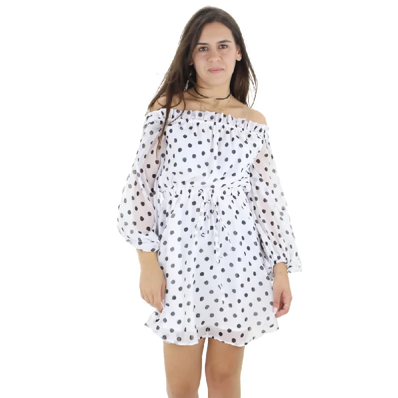 Women's Elastic Waist Polka Dots Dress,White Scandinavian