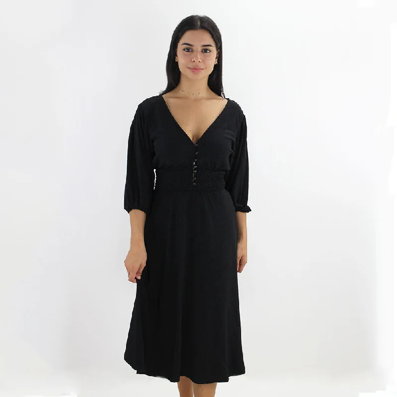 Women's Ribbed Smocked Waist Dress,Black Artistic Women's Avant - 