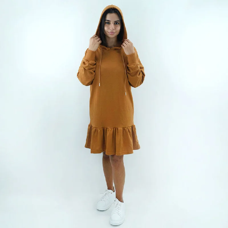 Women's Plain Hooded Ruffled Dress,Camel Luxurious Women's High -  end