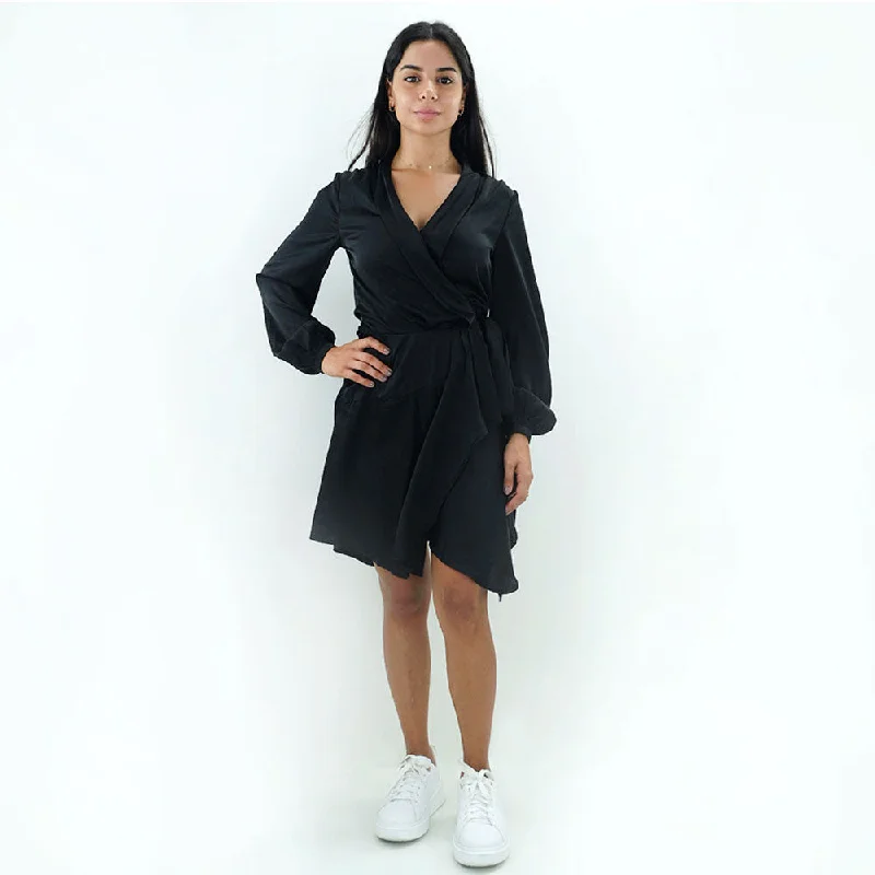 Women's Plain Satin Ruffled Dress,Black Casual Women's Japanese 