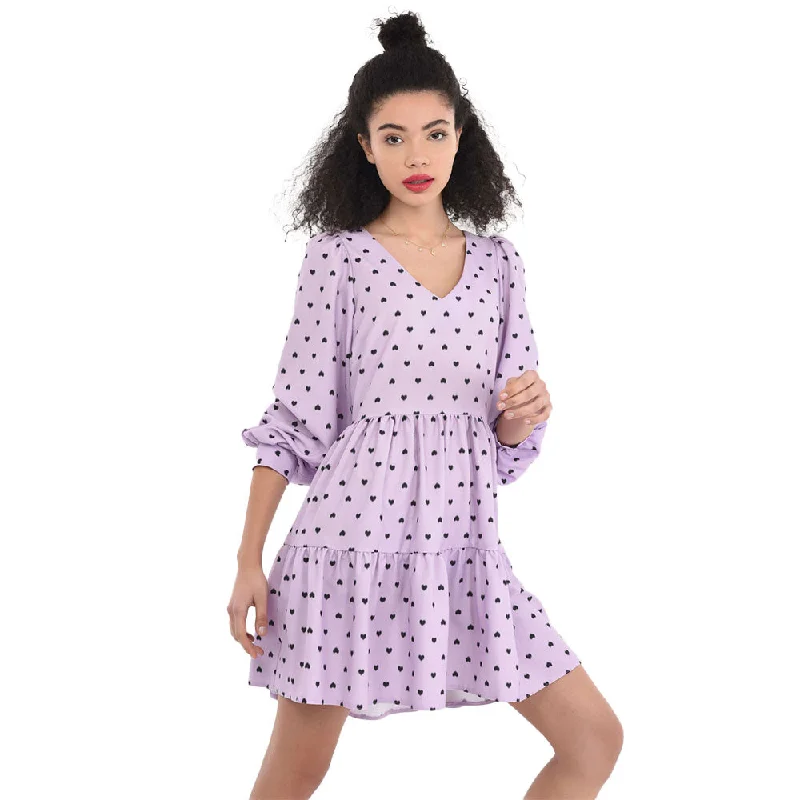 Women's Hearts Print Ruffle Dress,Purple French