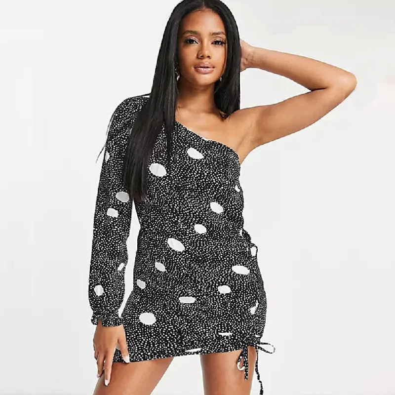 Women's Printed One Shoulder Short Dress,Black/White Business