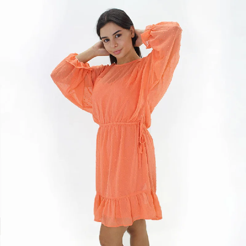 Women's Chiffon Long Sleeve Dress,Coral Disco